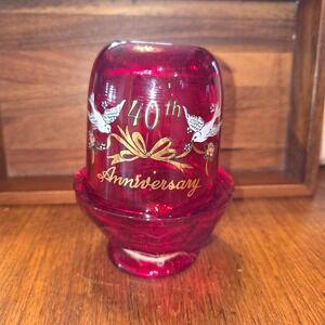 RARE Viking Glass Fairy Lamp 40th Anniversary Ruby Red Doves Gold Trim HTF! MINT